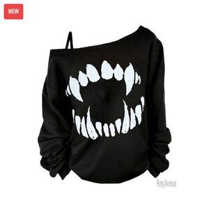 Plus Size Off Shoulder Graphic Tee Long Sleeve Pullover Goth Tops